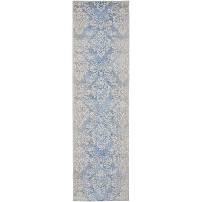 Ivory Blue Floral Damask Low-Profile Area Rug