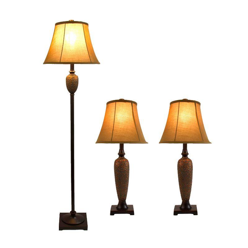 3pk Hammered Lamp Set (2 Table Lamps and 1 Floor Lamp) Bronze - Elegant Designs: UL Listed, Cotton Shades