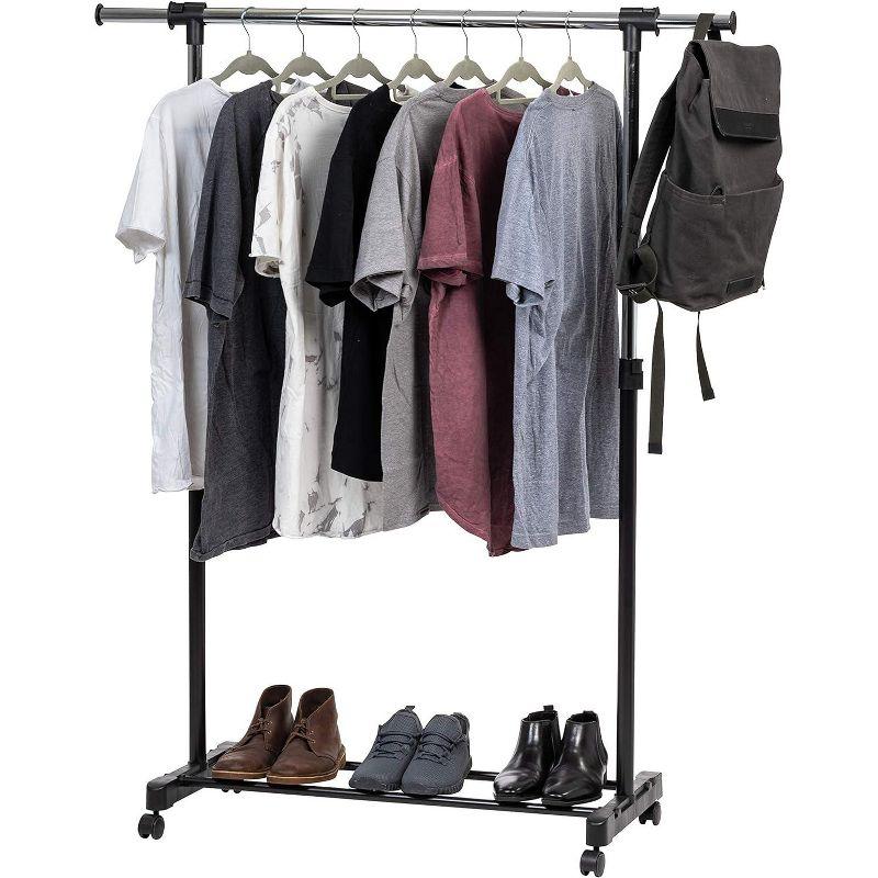 Adjustable Black Metal Single Rod Clothes Rack with Wheels