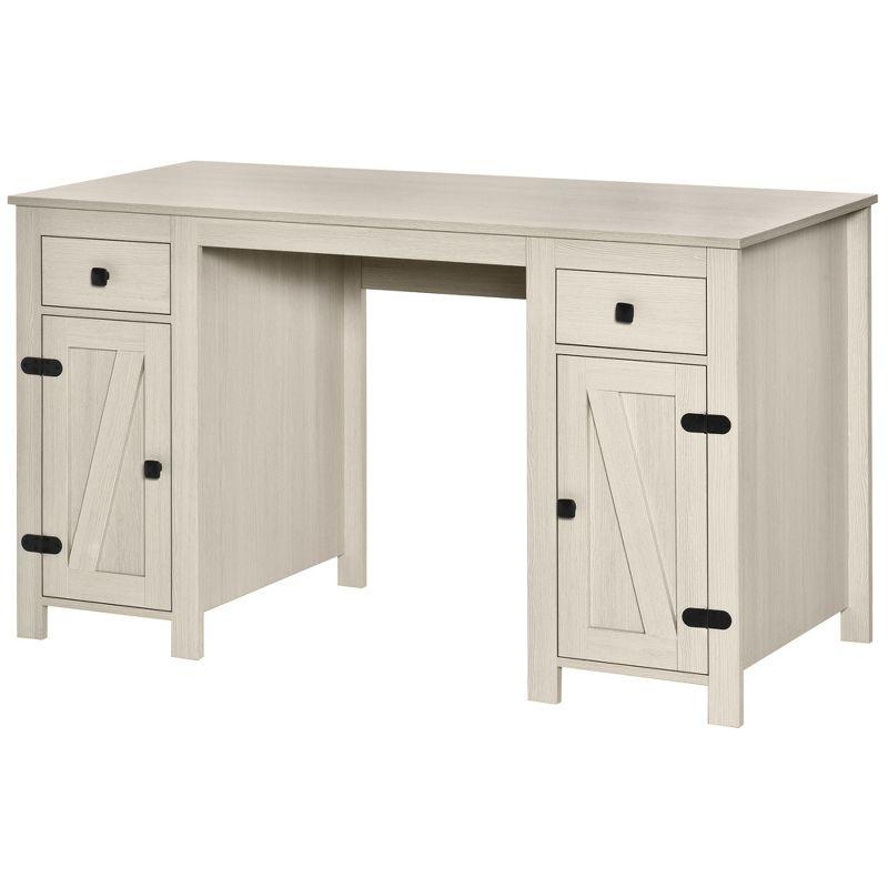 HOMCOM Farm Style Home Office Computer Desk with 2 Drawers, 2 Cabinets with Metal Accent Hardware, Cream White