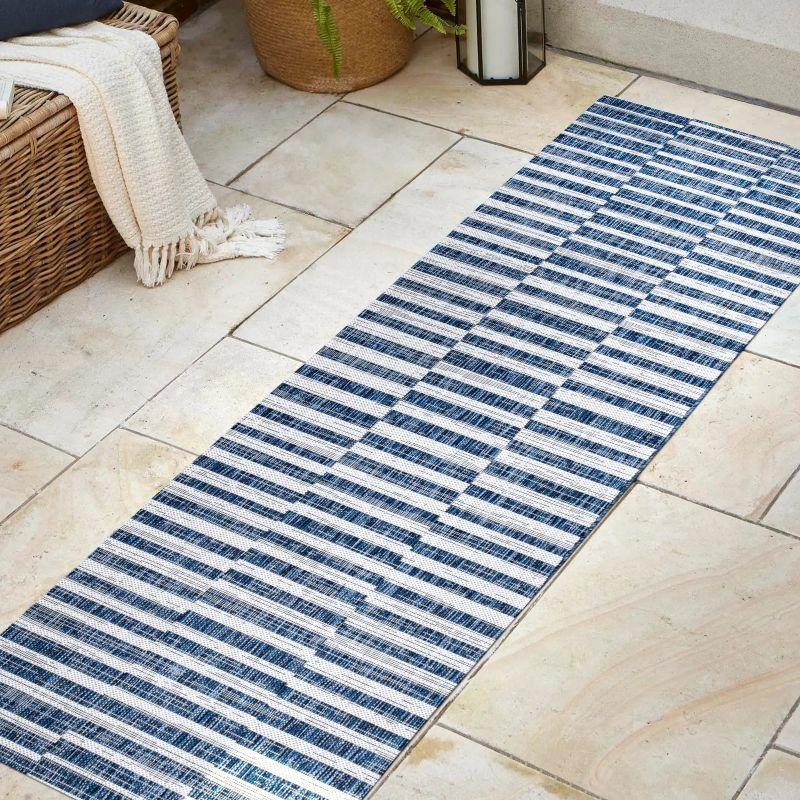 2'x8' Sukie Modern Offset Stripe Indoor/Outdoor Runner Rug, Blue/Ivory - JONATHAN Y