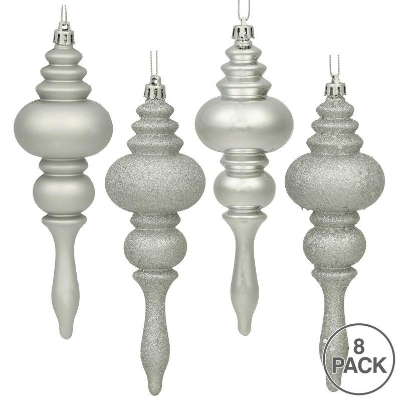 7" Silver Glitter Shatterproof Plastic Finial Tree Ornaments, Set of 8