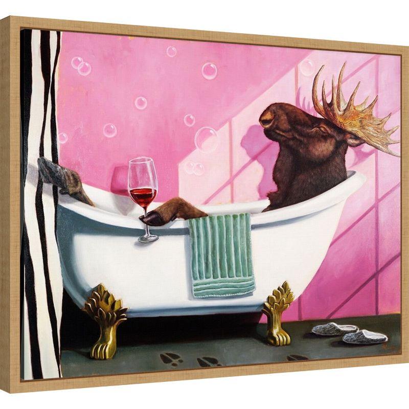 Whimsical Moose in Bath Framed Canvas Print 18x24