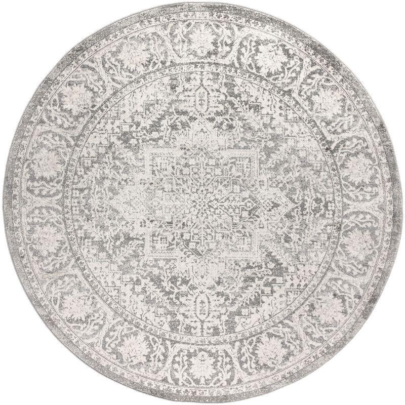 5' round Modern Persian Vintage Medallion Area Rug, Light Grey - JONATHAN Y