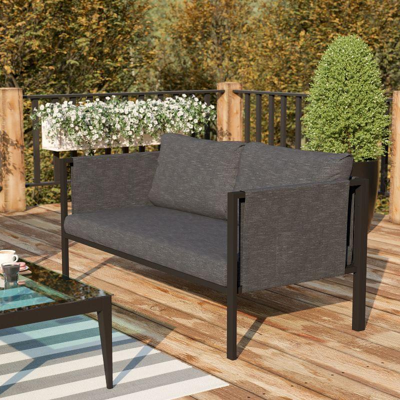 Charcoal Black Steel Framed Indoor/Outdoor Loveseat with Cushions