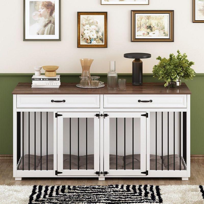 FUFU&GAGA Wooden Double Dog Crate Kennel Furniture with 2 Drawers & Divider White