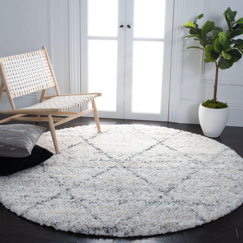 Ivory and Grey Round Hand-knotted Shag Rug