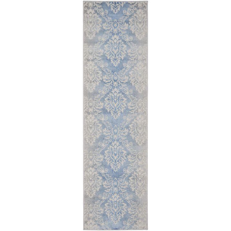 Ivory Blue Floral Damask Low-Profile Area Rug