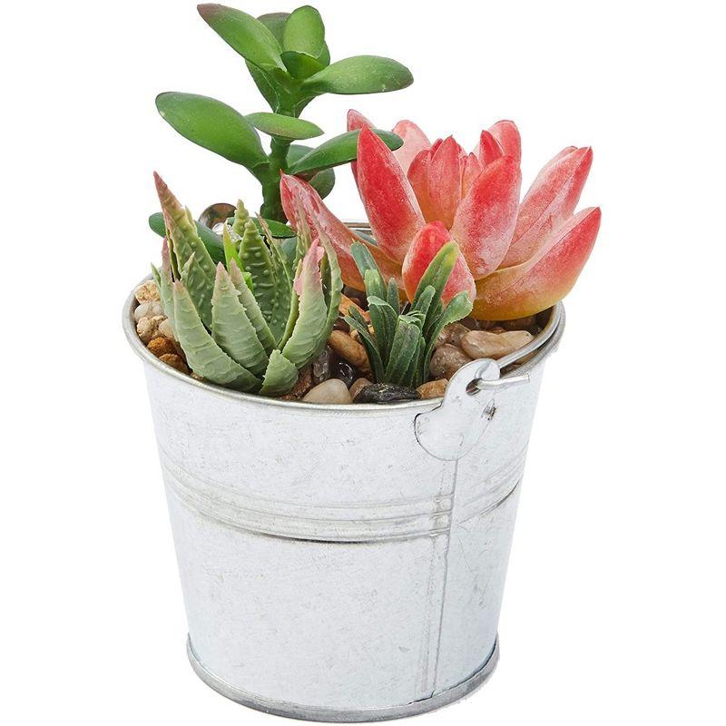 Juvale 4 Pack Artificial Succulents Plants, Faux Fake Cactus with Iron Bucket for Garden & Patio Decor, 6.5 in