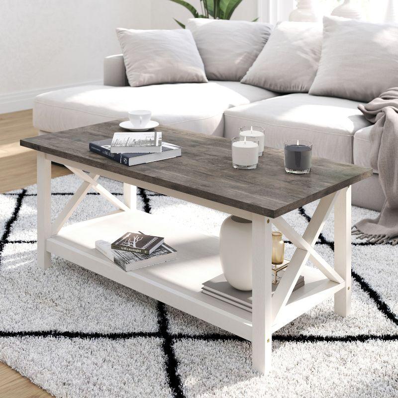 Merrick Lane Rustic Coffee Table with Lower Shelf, Farmhouse Style Solid Wood Accent Table