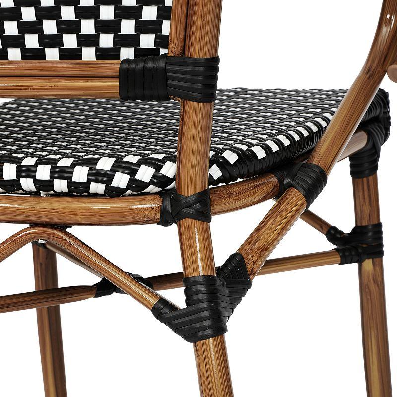 Emma & Oliver Soie Indoor/Outdoor Stacking Thonet Bistro Style Chair with Arms, Black & White PE Rattan Seat and Natural Bamboo Finished Metal Frame