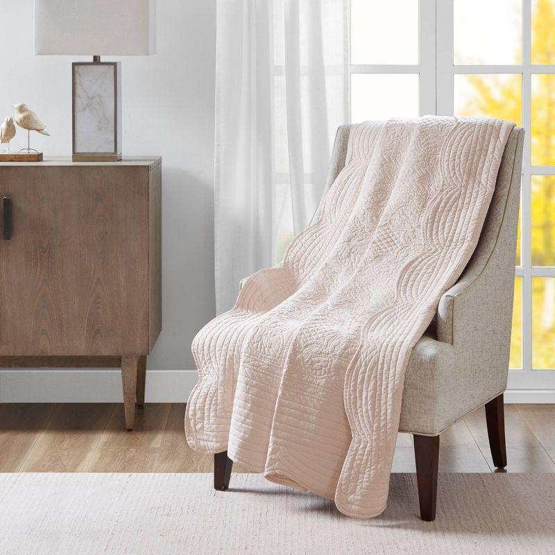 Madison Park 60"x72" Marino Quilted Throw Blanket with Scallop Edges Blush: Soft Microfiber