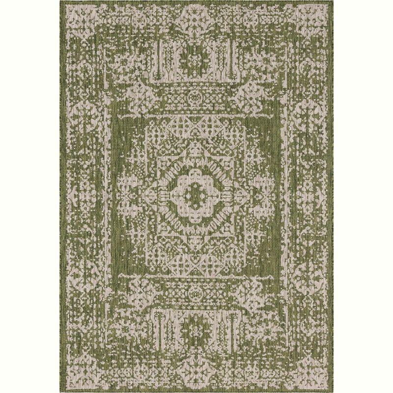 Green and Gray Synthetic 7' x 10' Outdoor Traditional Rectangular Rug