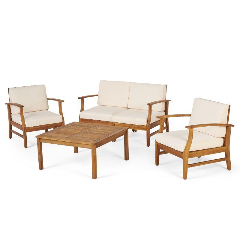 Teak and Cream Acacia Wood 4-Seater Outdoor Chat Set