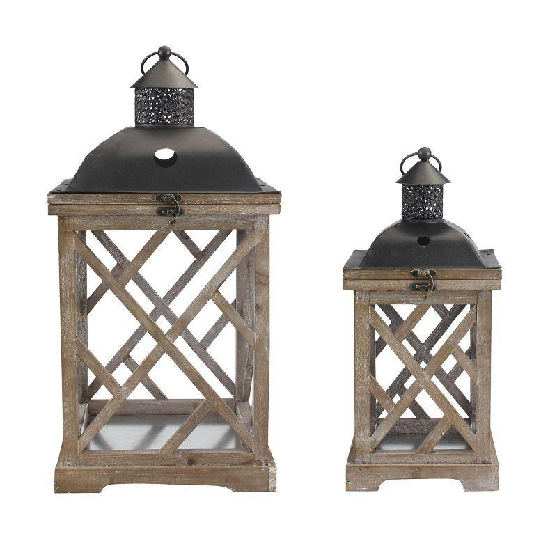 Stonebriar Collection Set of 2 Wooden and Metal Hurricane Candles Lantern Brown : Indoor/Outdoor, Pillar Compatible