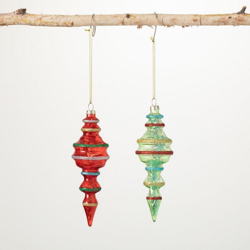 Glitter-Trimmed Multicolor Glass Finial Ornaments Set of 2