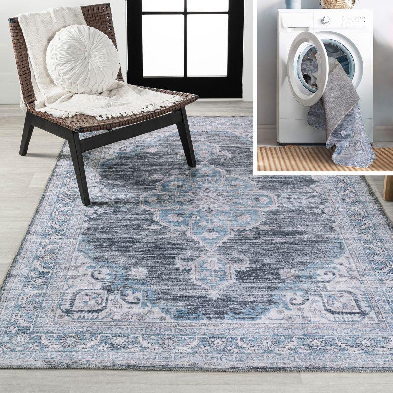 Wincer Chenille Cottage Medallion Machine-Washable Gray/Blue/White 3 ft. x 5 ft. Area Rug - JONATHAN Y