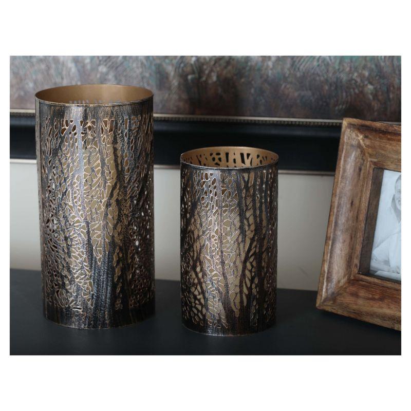 Bronze Metal Leaf Cylinder Hurricane Candle Holders, Set of 3