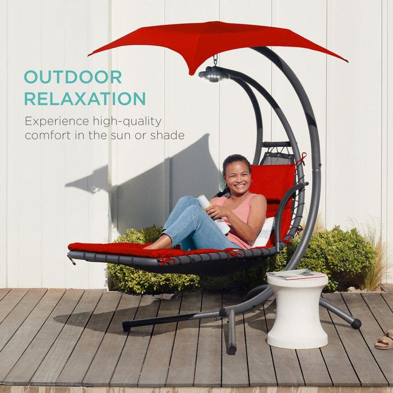 Best Choice Products Hanging LED-Lit Curved Chaise Lounge Chair for Backyard, Patio w/ Pillow, Canopy, Stand - Red
