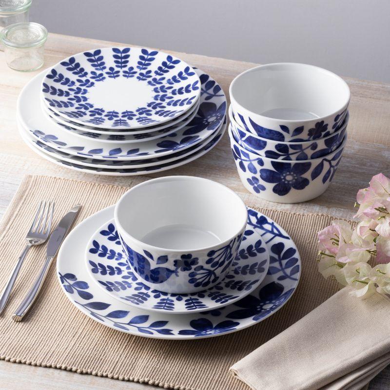 Blue and White Floral Porcelain 12-Piece Dinnerware Set