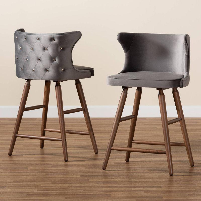 2pc Sagira Velvet & Wood Counter Height Barstool Set with Footrest - Baxton Studio