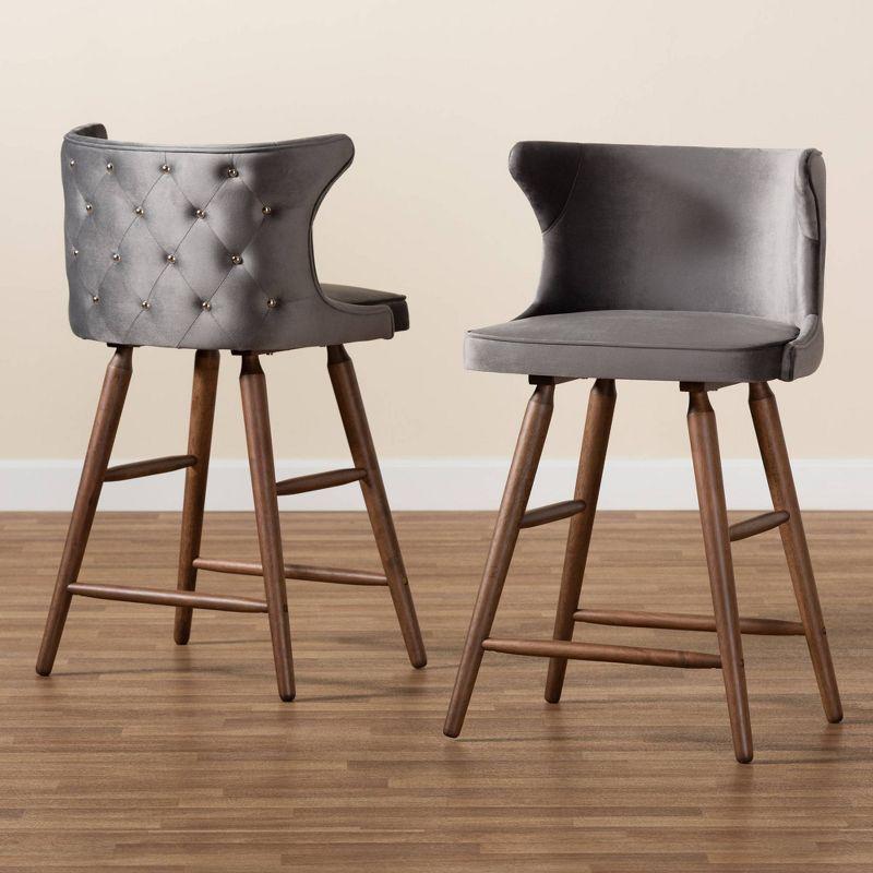 2pc Sagira Velvet Fabric Upholstered and Wood Counter Height Barstool Set - Baxton Studio