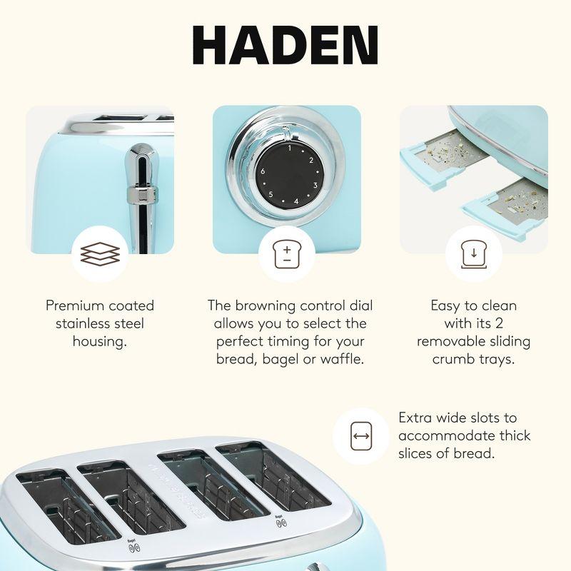 Haden Heritage 4 Slice Wide Slot Stainless Steel Toaster with Adjustable Browning Control & Non-Slip Feet, Turquoise & Chrome