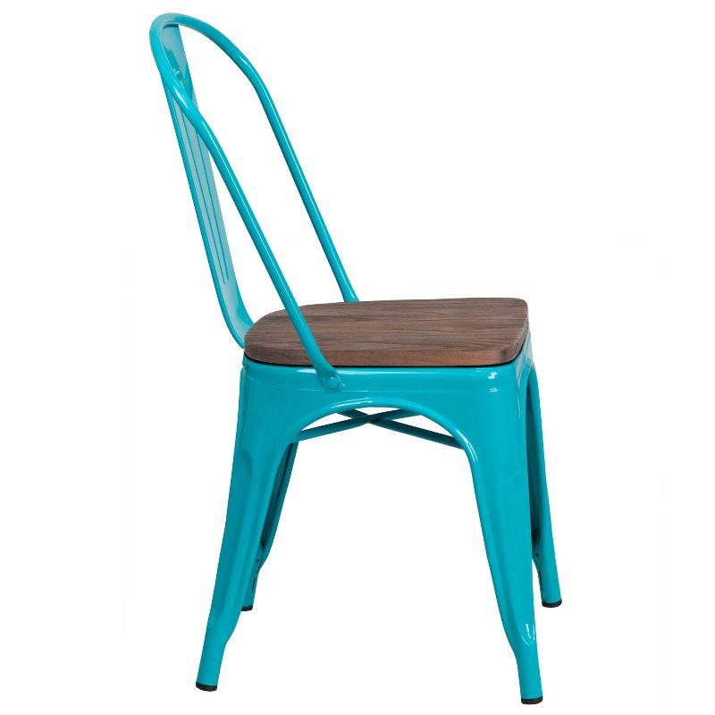 Crystal Teal-Blue Steel Side Chair with Wooden Seat