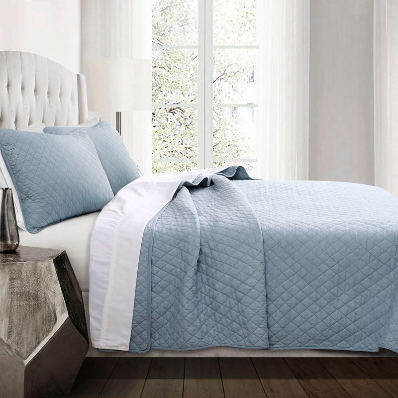 Ava Diamond Blue Cotton Full/Queen Quilt Set