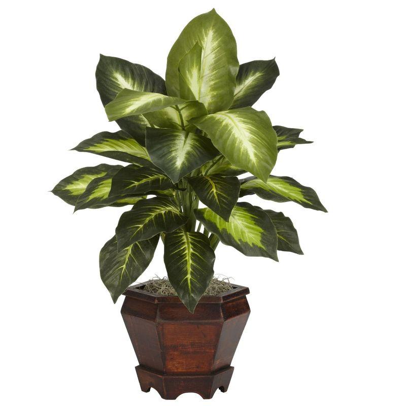 Nearly Natural Dieffenbachia with Wood Vase Silk Plant (Set of 2), Golden