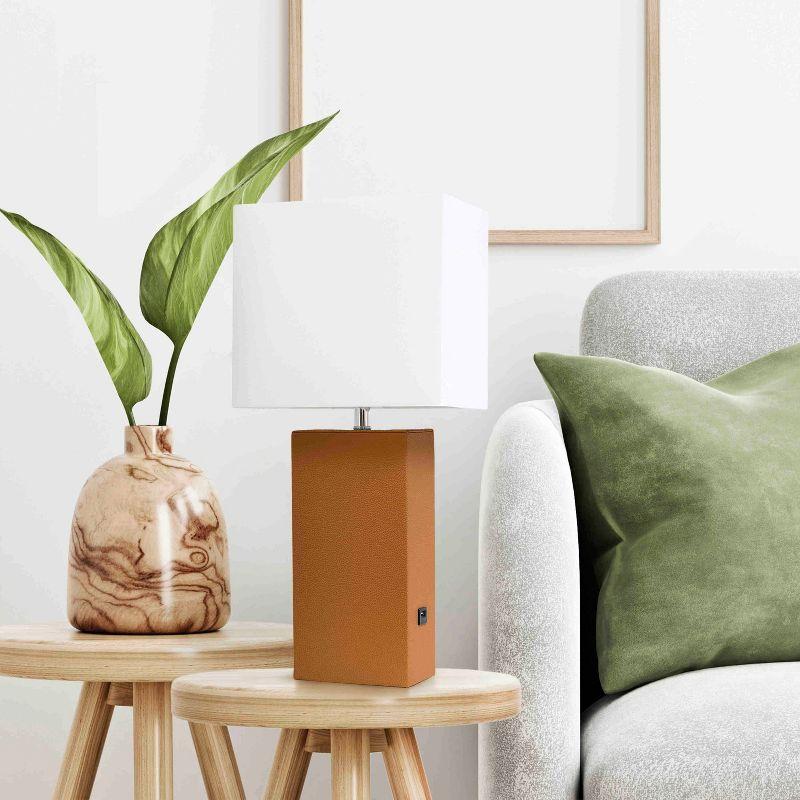 21" Lexington Leather Base Modern Home Decor Bedside Table Lamp with USB Charging Port and Fabric Shade Tan/White - Lalia Home: No Assembly