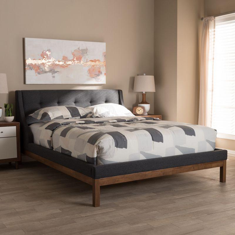 Queen Dark Grey Tufted Upholstered Walnut Wood Platform Bed