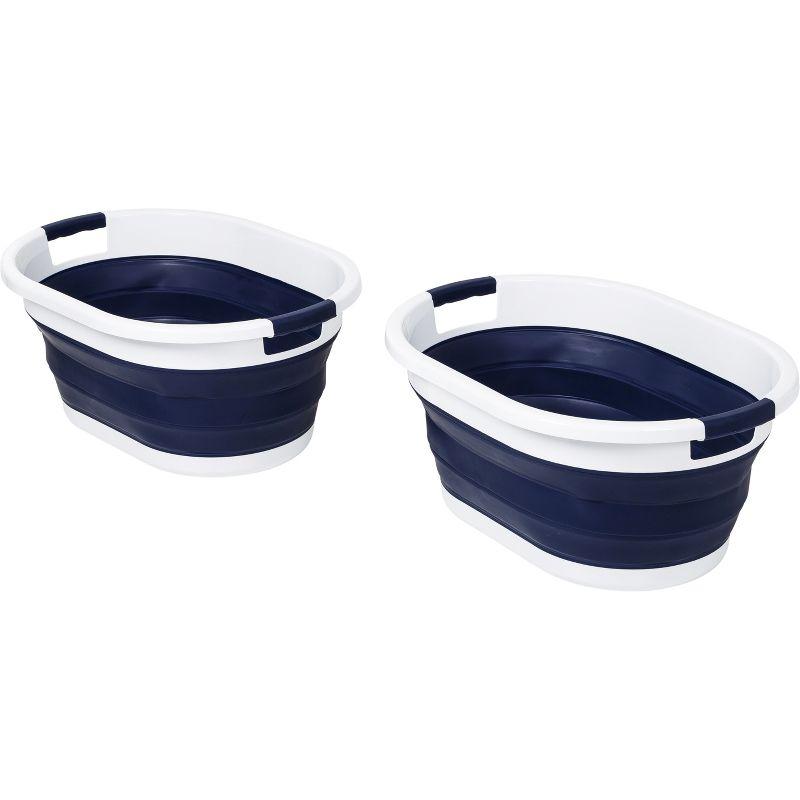 Navy Blue and White Collapsible Rubber Laundry Hampers, Set of 2