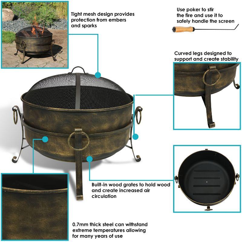 Sunnydaze Outdoor Camping or Backyard Round Cauldron Fire Pit with Spark Screen, Log Poker, and Metal Wood Grate - 24"