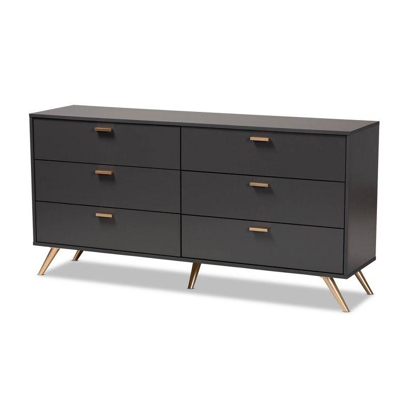Kelson Wood 6 Drawer Dresser Dark Gray/Gold - Baxton Studio: Modern Storage Furniture for Bedroom