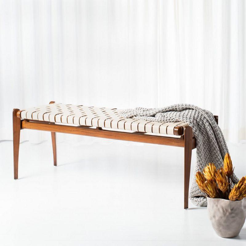 Dilan Sophisticated White Genuine Leather Bench with Mahogany Frame