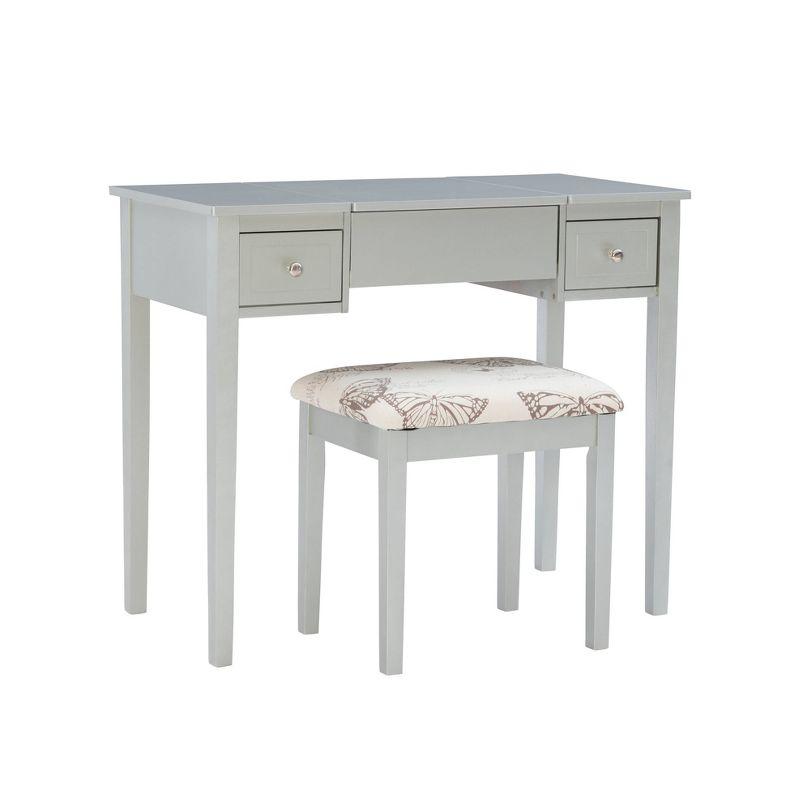 Traditional Wood Flip Up Mirror Drop Drawer Butterfly Vanity and Stool Silver - Linon