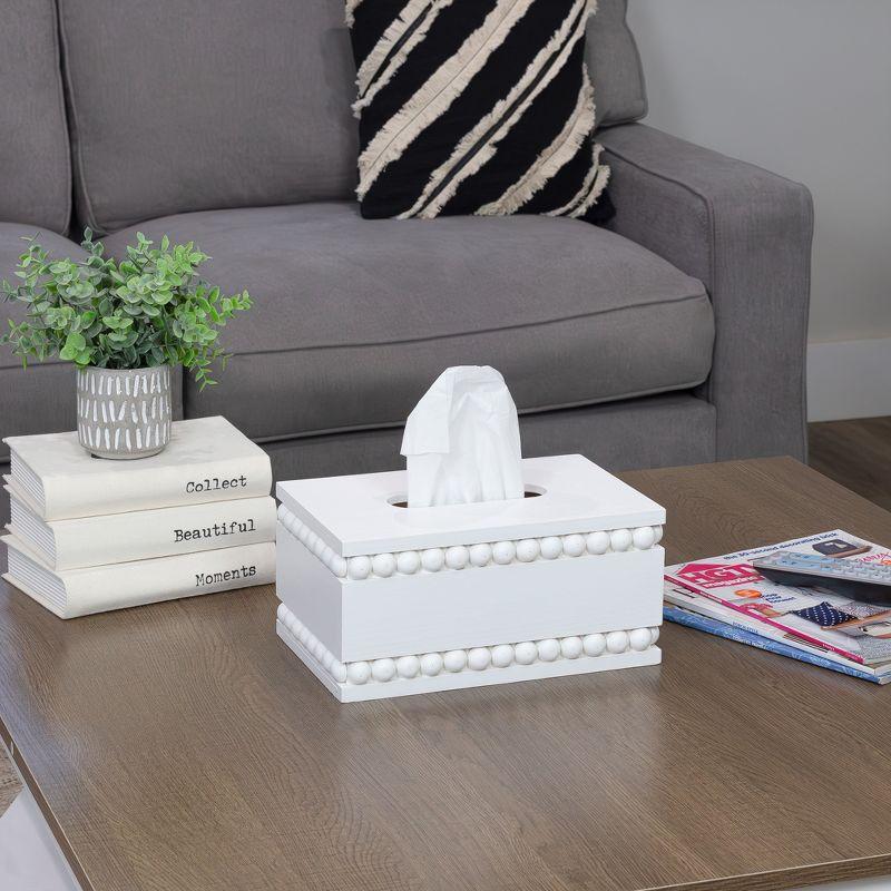 White Beaded Rectangular Paulownia Wood Tissue Box Cover