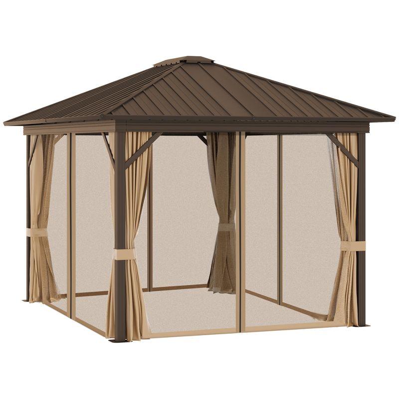 Brown Aluminum and Steel Hardtop Gazebo with Curtains