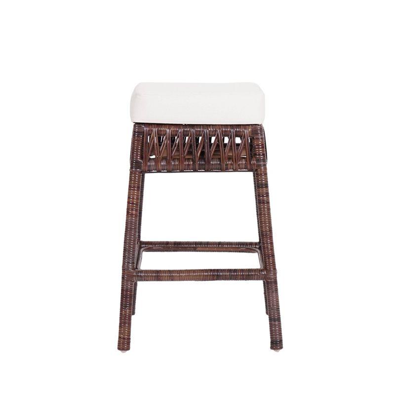 JONATHAN Y Bali Bohemian Basics Rattan Backless Bar Stool, White Cushion with Dark Brown Woven Frame