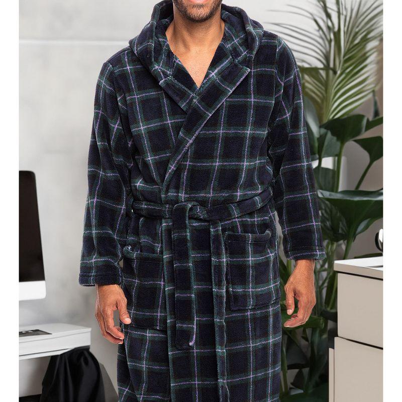 ADR Mens Robe, Plush Fleece Hooded Bathrobe Men, Men's Bathrobes, Big and Tall Bath Robe for Men Blue and Green Tartan Plaid 2XL