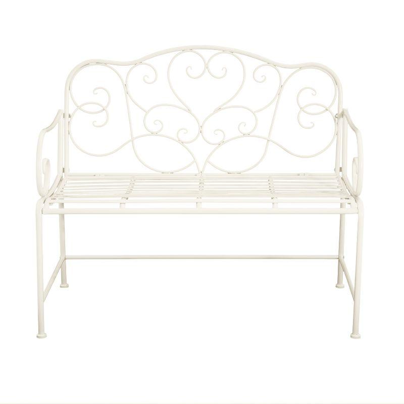 Matte White Iron Outdoor Garden Bench with Floral Design, 41"