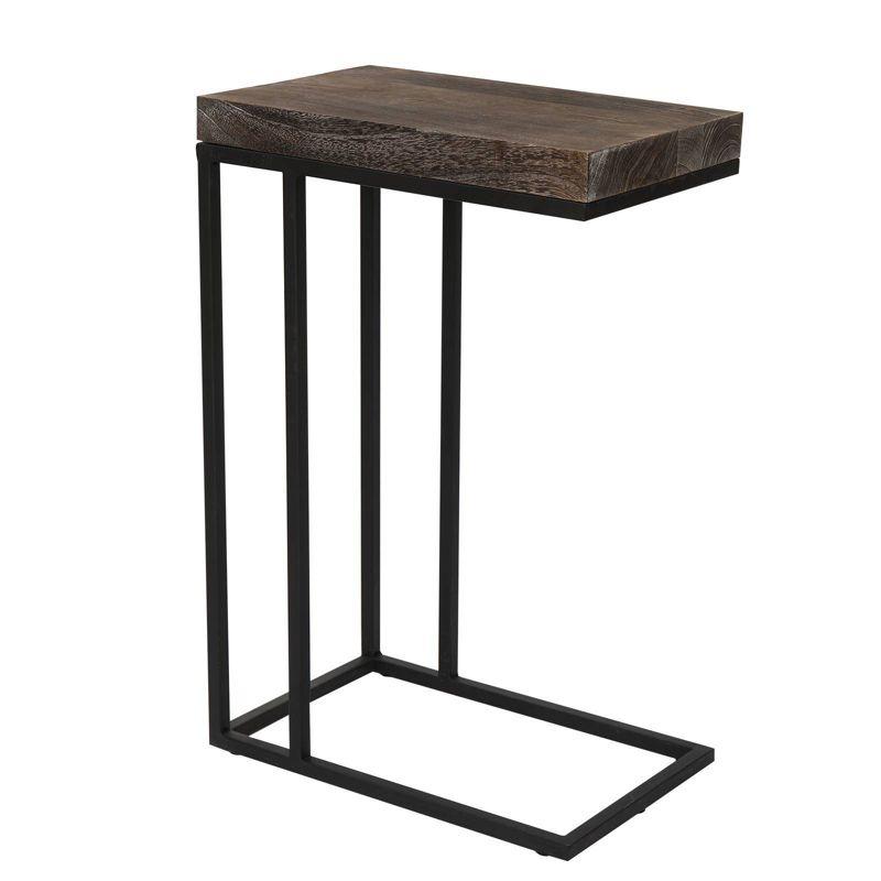 Rustic Brown Torch Carbon C-Shaped End Table with Metal Frame