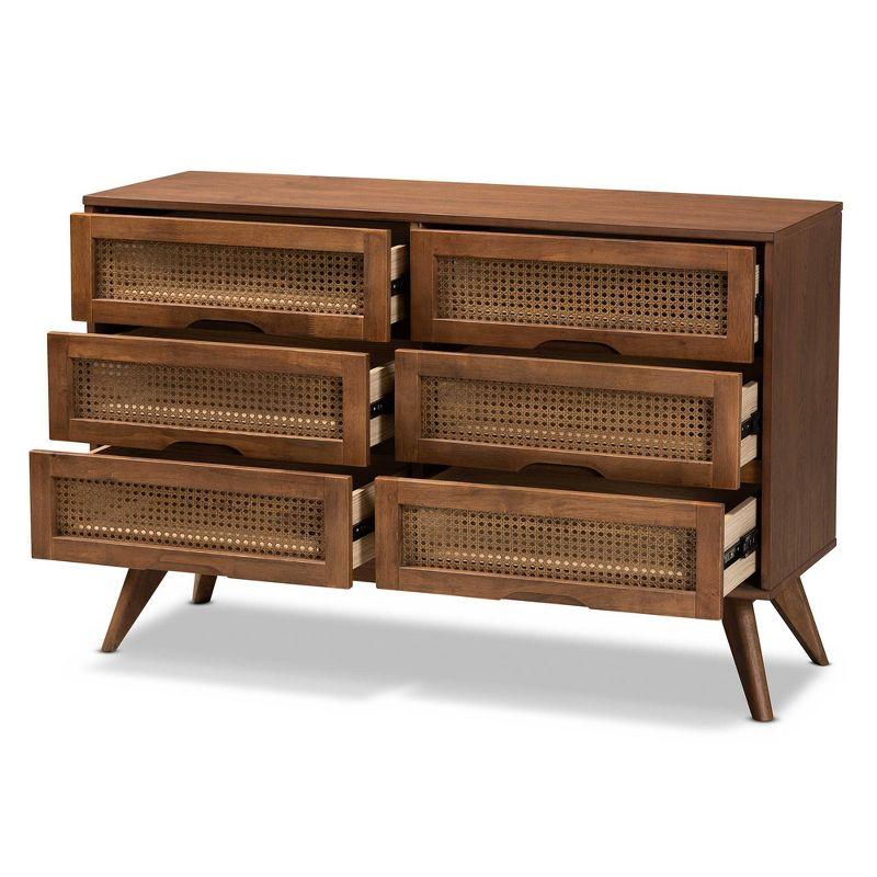 Barrett Wood & Synthetic Rattan Dresser: 6 Drawers, Angled Legs - Baxton Studio