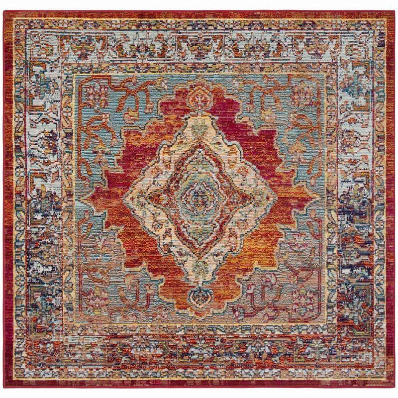 59" Orange and Light Blue Synthetic Oriental Square Rug