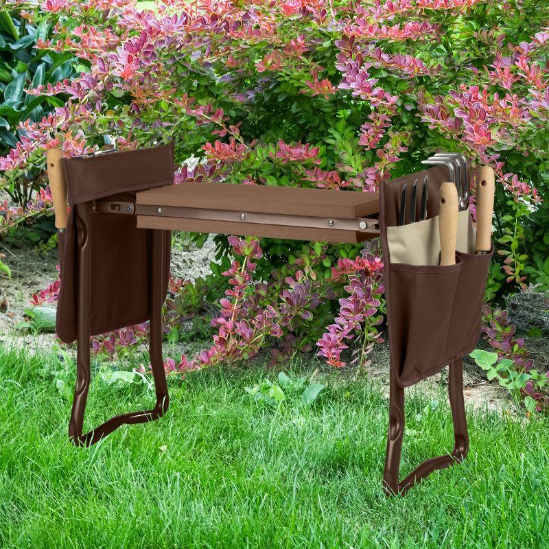 Brown Foldable Garden Kneeler and Stool with Tool Pouches