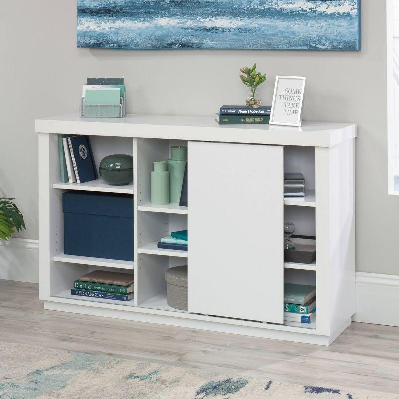 White Adjustable Wood Bookcase with Sliding Door