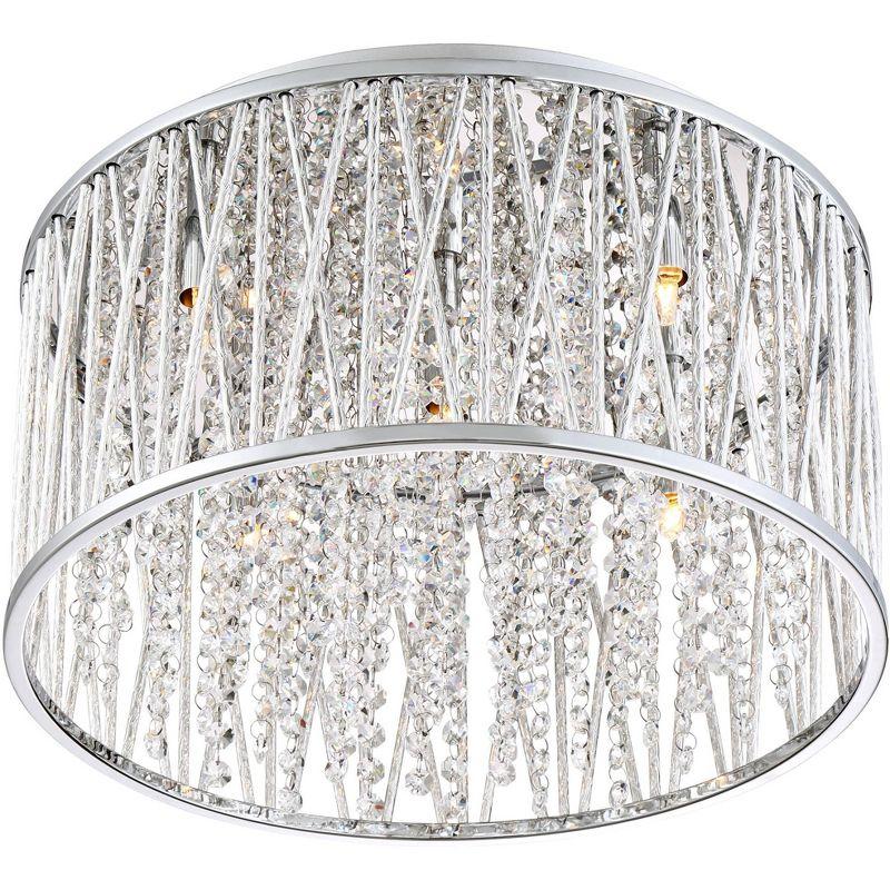 Possini Euro Design Modern Ceiling Light Flush Mount Fixture 16" Wide Chrome Woven Laser Cut Clear Crystal Beaded Strands for Bedroom Kitchen Hallway