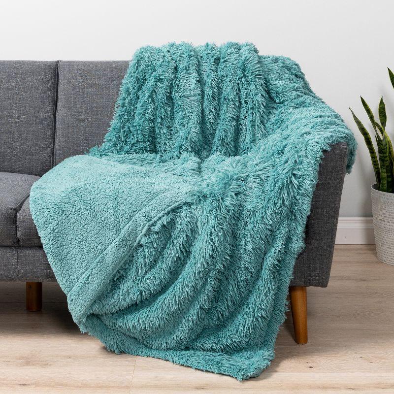 PAVILIA Fluffy Faux Fur Reversible Throw Blanket for Bed, Sofa, and Couch