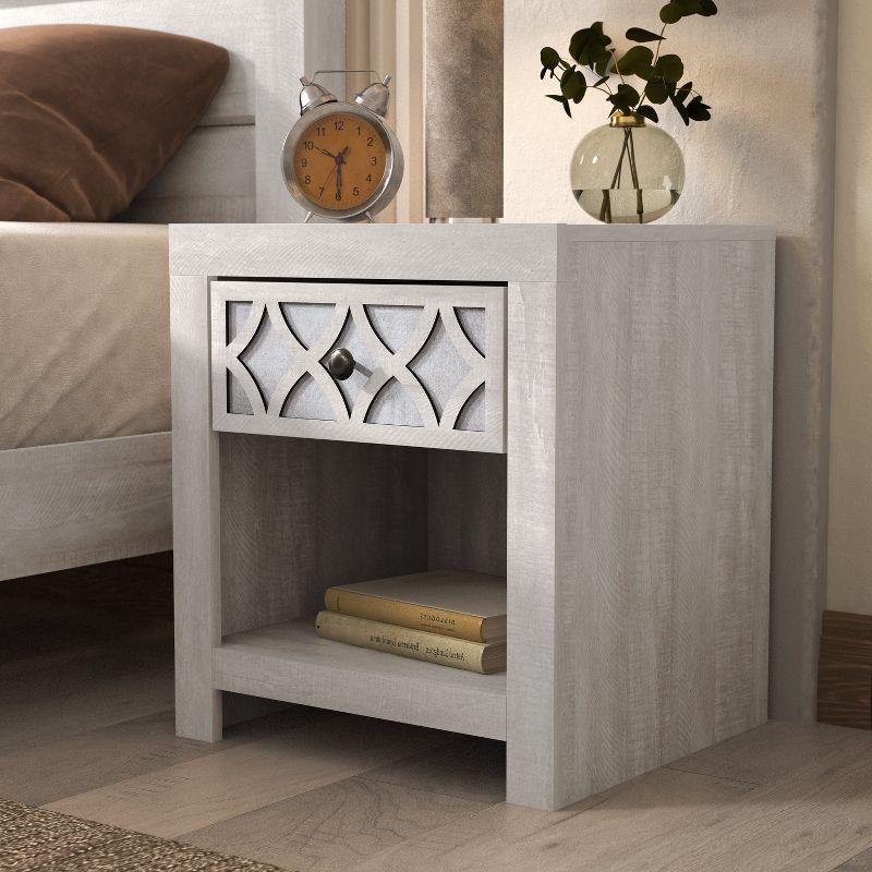 Galano Julric 1 Drawer Nightstand in Dusty Gray Oak with Aurora Silver, Knotty Oak with Gray Stone